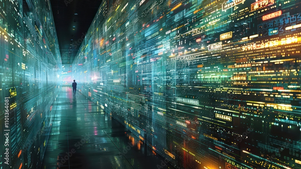 Poster a futuristic corridor filled with vibrant data streams and digital visuals.