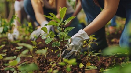 Fototapeta premium photograph of environmental conservation scene with diverse volunteers planting trees lush green setting teamwork in action hope for a sustainable future
