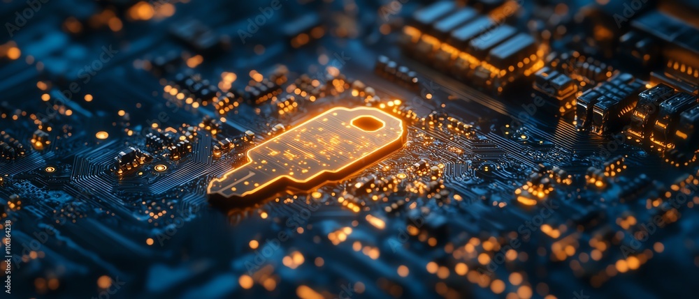 Poster glowing digital key on a circuit board, representing cybersecurity and data protection, futuristic h