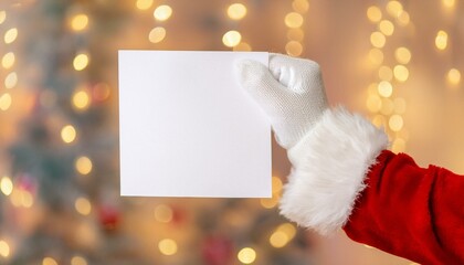 Santa's hand holding a blank piece of paper. On festive holiday background. Free space for text. New Year postcard. Santa Claus wearing white gloves, closeup.	