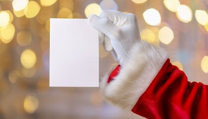 Obraz premium Santa's hand holding a blank piece of paper. On festive holiday background. Free space for text. New Year postcard. Santa Claus wearing white gloves, closeup. 