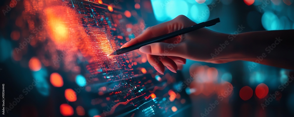 Poster person using a stylus to create data visualizations on a digital screen, surrounded by glowing bokeh