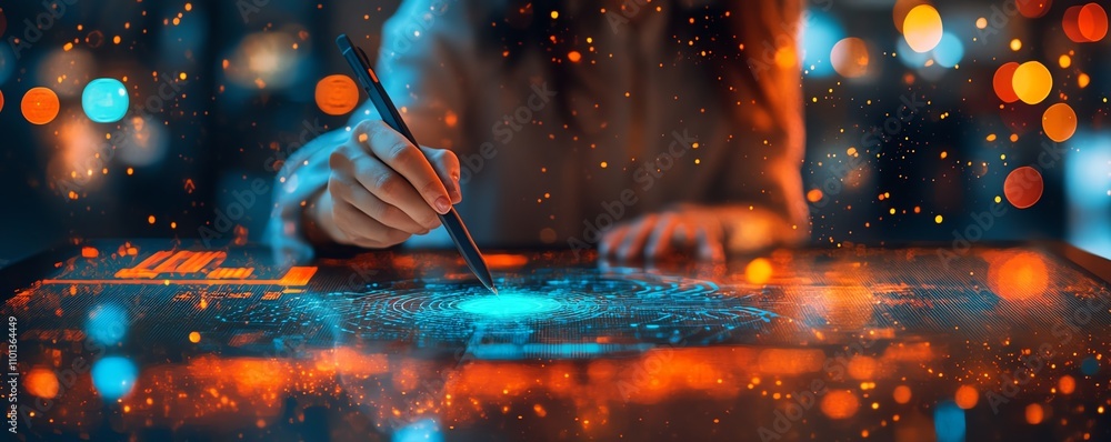 Poster person using a stylus to create data visualizations on a digital screen, surrounded by glowing bokeh
