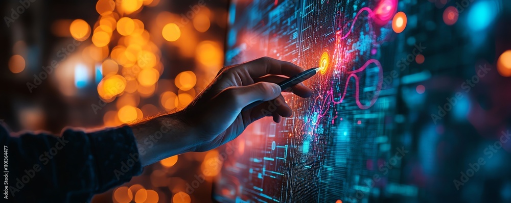 Poster person using a stylus to create data visualizations on a digital screen, surrounded by glowing bokeh