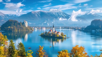 photograph of Famous alpine Bled lake (Blejsko jezero) in Slovenia, amazing autumn landscape.