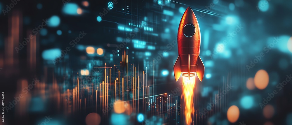 Aufkleber red rocket ship ascending with graph lines on a blurred office background, symbolizing business prog
