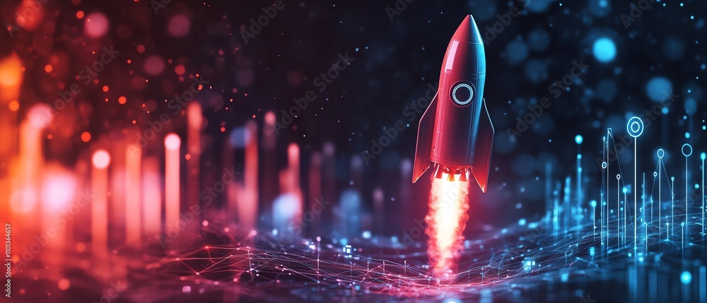 Poster red rocket ship ascending with graph lines on a blurred office background, symbolizing business prog