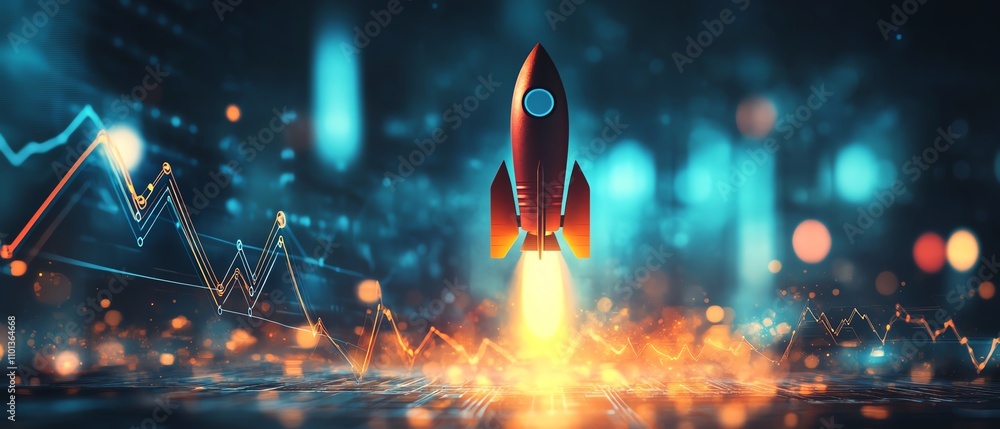 Poster red rocket ship ascending with graph lines on a blurred office background, symbolizing business prog
