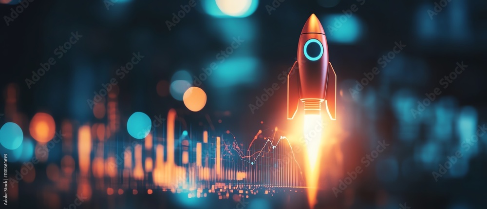 Aufkleber red rocket ship ascending with graph lines on a blurred office background, symbolizing business prog