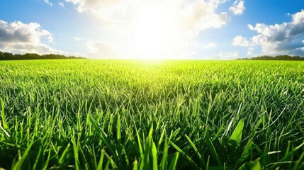 wide open green grass field under bright blue sky