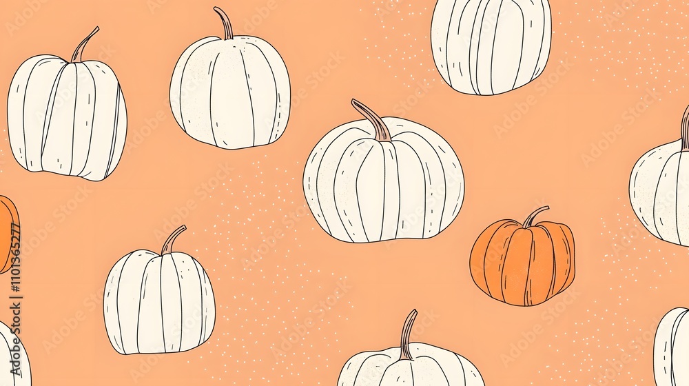 Poster minimalistic hand-drawn pumpkins in black outlines scattered on a soft peach background, creating a 