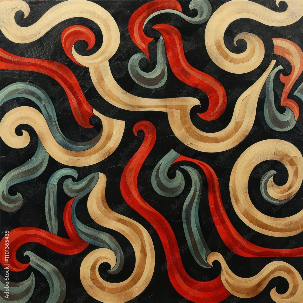Poster abstract swirling patterns in vibrant colors on a dark background.