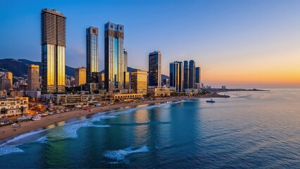 Obraz premium Generative AI, Coastal Cityscape at Sunset with Glass Skyscrapers and Ocean Views