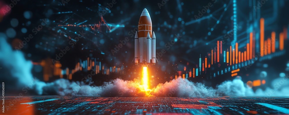 Poster rocket launch surrounded by colorful financial charts and data visualizations, symbolizing progress,