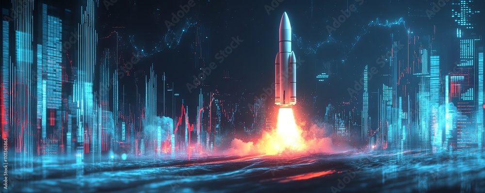 Aufkleber rocket launch surrounded by colorful financial charts and data visualizations, symbolizing progress,