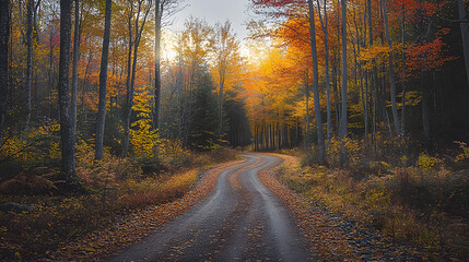 Obraz premium A forest path is lined with vibrant autumn leaves, glowing warmly under golden sunlight, creating a tranquil seasonal scene..