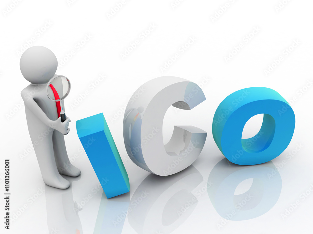 Poster 3d rendering initial coin offering with business man