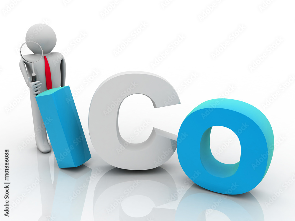 Poster 3d rendering initial coin offering with business man