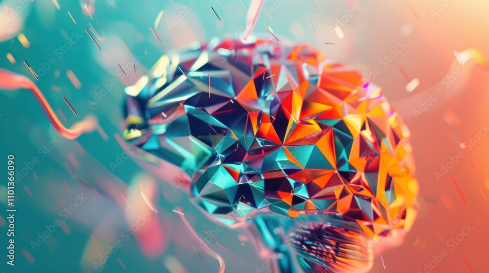 Poster photograph of geometric brain illustration with faceted surfaces vibrant colors and sharp edges crea