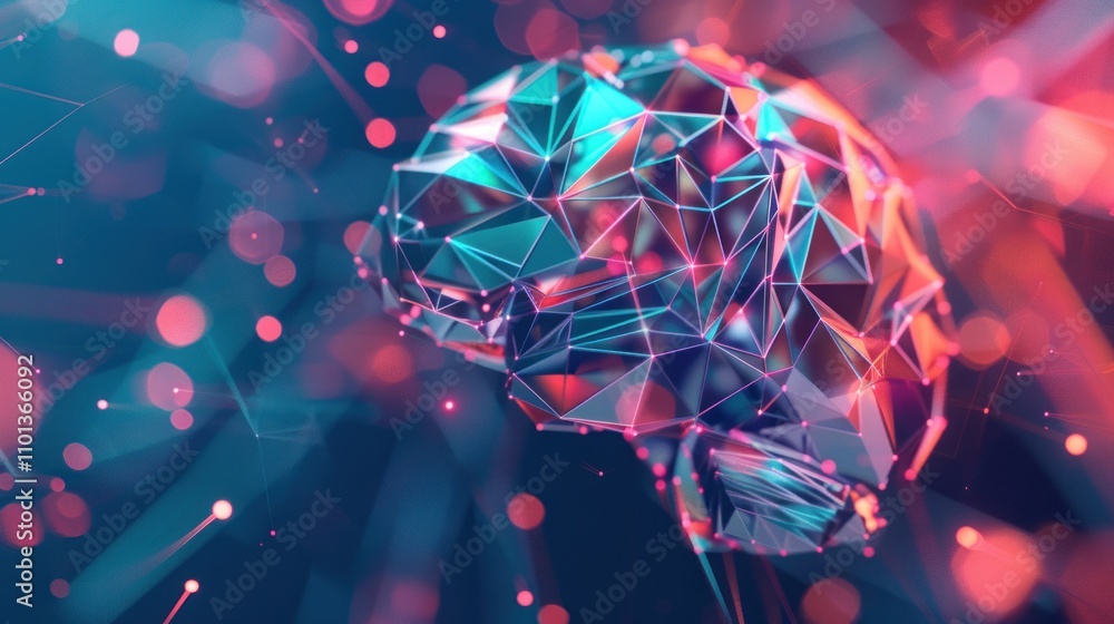 Poster photograph of geometric brain illustration with faceted surfaces vibrant colors and sharp edges crea