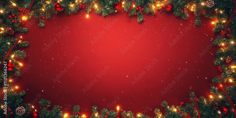 Poster christmas background with xmas tree and sparkle bokeh lights on red canvas background. merry christm