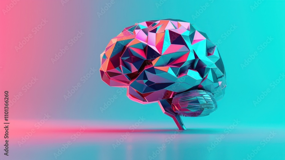 Poster photograph of geometric brain illustration with faceted surfaces vibrant colors and sharp edges crea