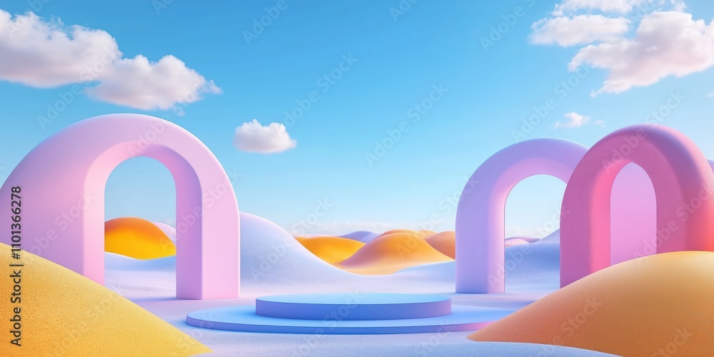 Poster pastel colored surreal landscape with arches, podium. abstract dune scene with empty platform for pr