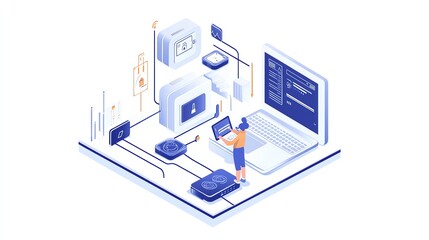 Obraz premium a 2D cartoon illustration of a person sitting at a desk with multiple computer screens, techy and focused, white background--ar 16:9