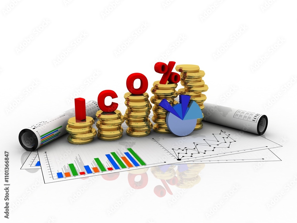 Poster 3d rendering initial coin offering with graph and gold coin