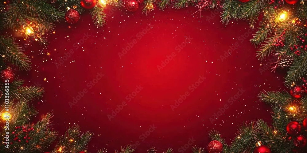 Poster christmas background with xmas tree and sparkle bokeh lights on red canvas background. merry christm