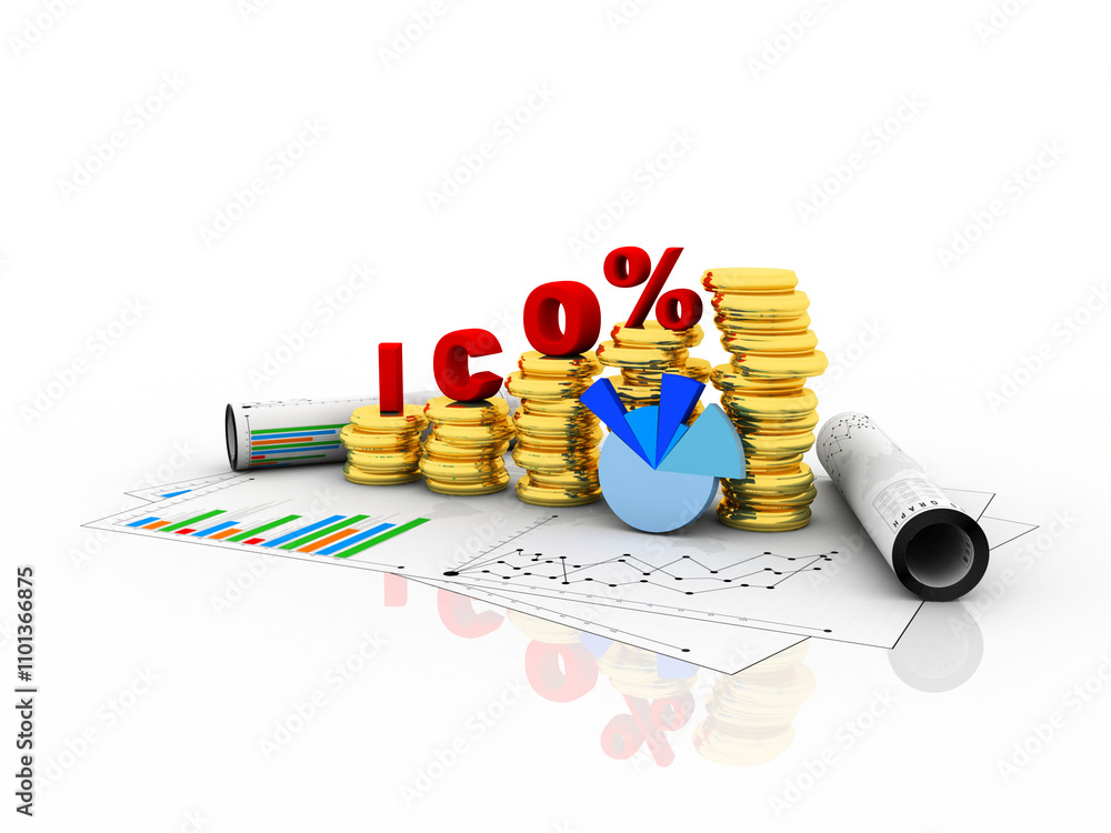 Poster 3d rendering initial coin offering with graph and gold coin