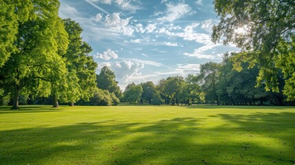 Obraz premium photograph of Green meadow in the park with trees and sky in summer
