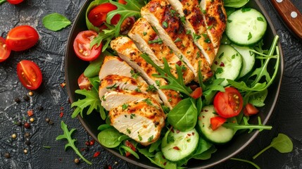 photograph of Grilled chicken breast, and fresh vegetable salad of lettuce, arugula, spinach, cucumber and tomato. Healthy lunch menu.