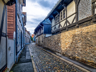 Cobblestone street in historic Goslar, Germany