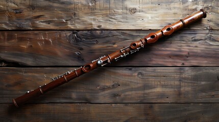 A traditional flute positioned on a rich mahogany surface