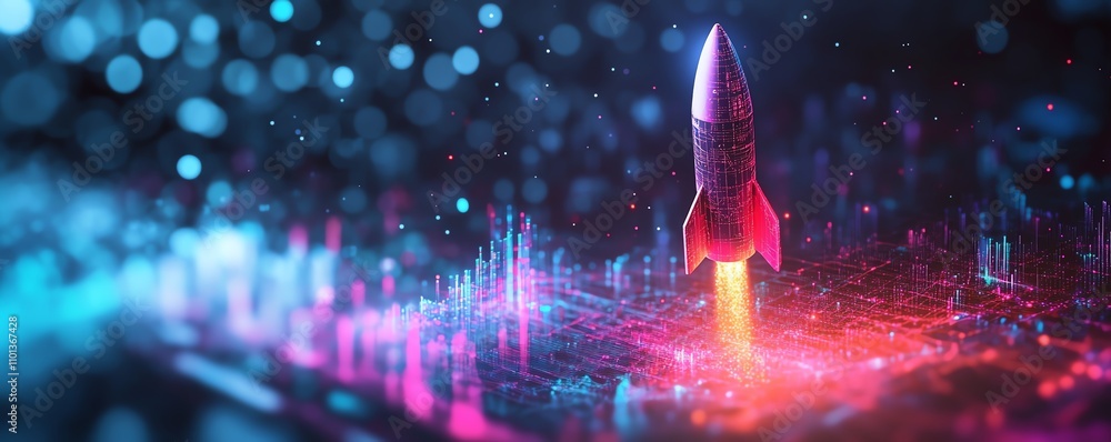 Aufkleber rocket ship ascending with colorful geometric patterns on a graph background, symbolizing business g