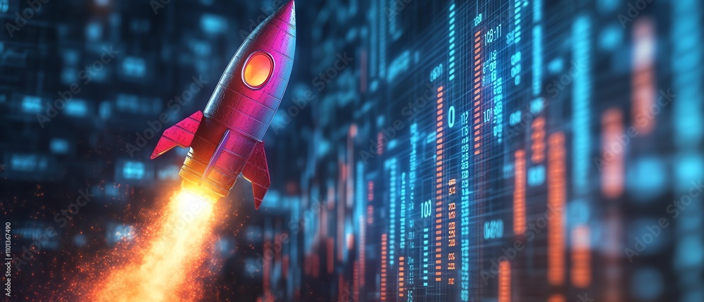 Poster rocket ship blasting off with vibrant financial charts and data in the background, representing prog