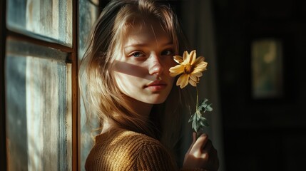 Naklejka premium Portrait of a Young Woman Holding a Flower in Soft Natural Light