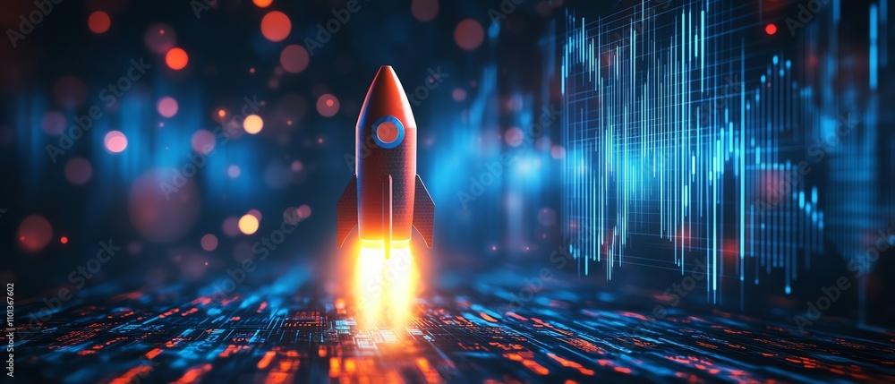 Poster rocket ship blasting off with vibrant financial charts and data in the background, representing prog