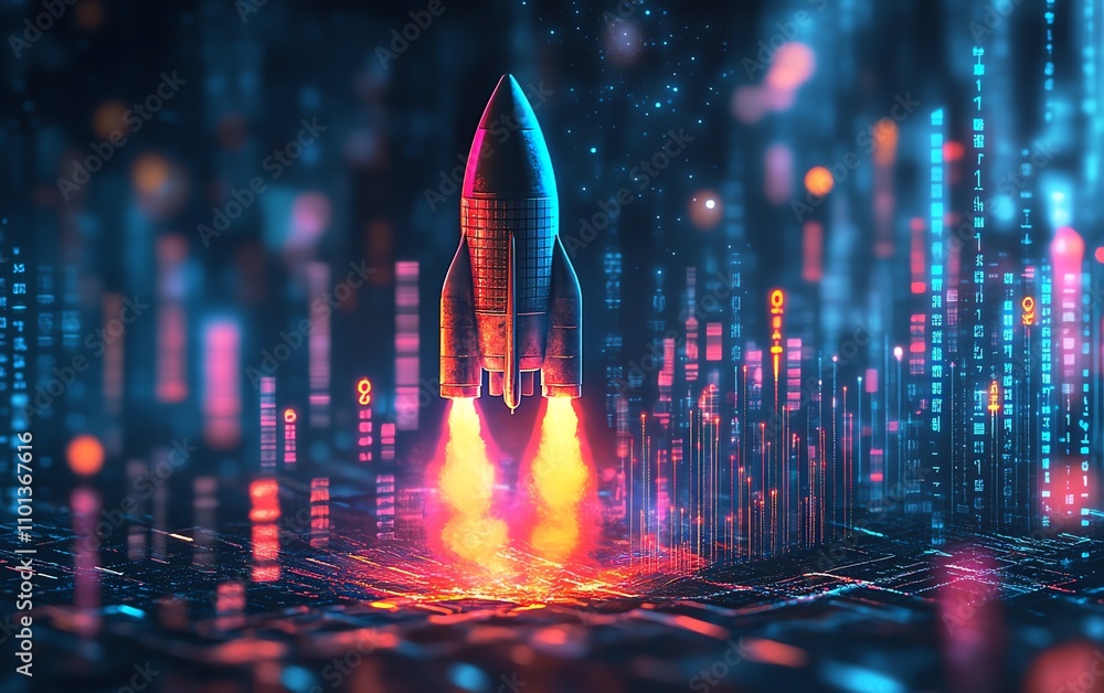 Aufkleber rocket ship blasting off with vibrant financial charts and data in the background, representing prog