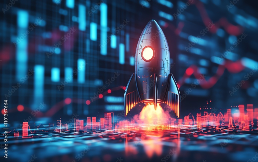 Aufkleber rocket ship blasting off with vibrant financial charts and data in the background, representing prog