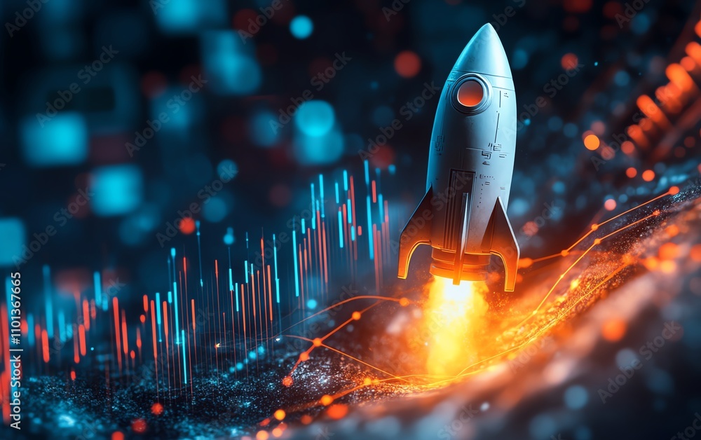 Aufkleber rocket ship blasting off with vibrant financial charts and data in the background, representing prog