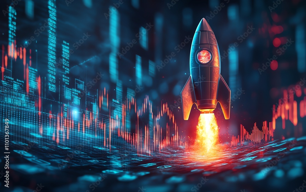Poster rocket ship blasting off with vibrant financial charts and data in the background, representing prog