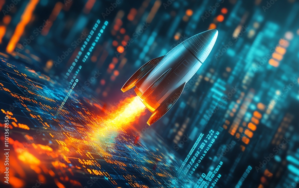 Poster rocket ship blasting off with vibrant financial charts and data in the background, representing prog