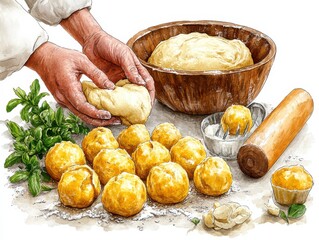 Hands of a baker skillfully kneading fresh dough on a clean surface with a wooden bowl and rolling pin nearby