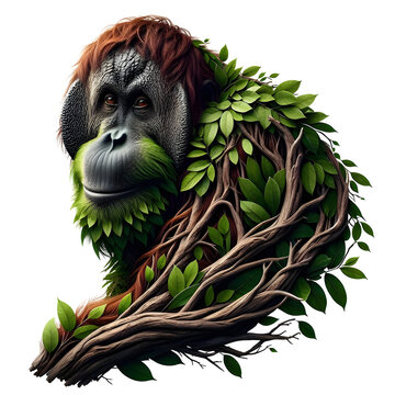 Orangutan Illustration with Green Leaves and Vines