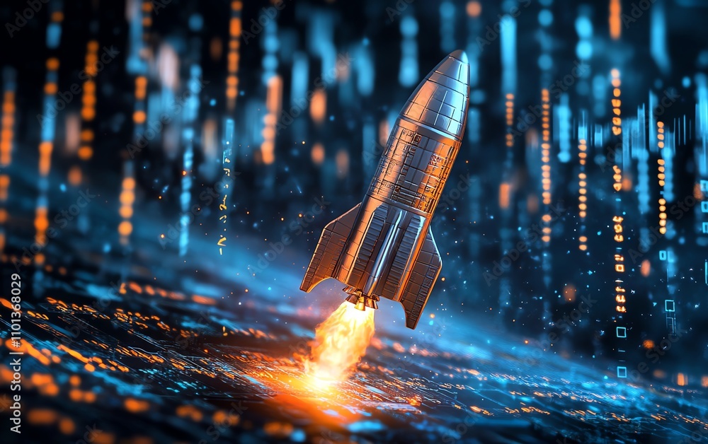 Aufkleber rocket ship blasting off with vibrant financial charts and data in the background, representing prog