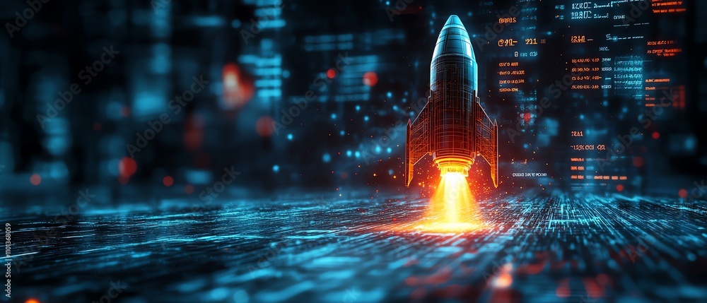 Aufkleber rocket ship blasting off with vibrant financial charts and data in the background, representing prog