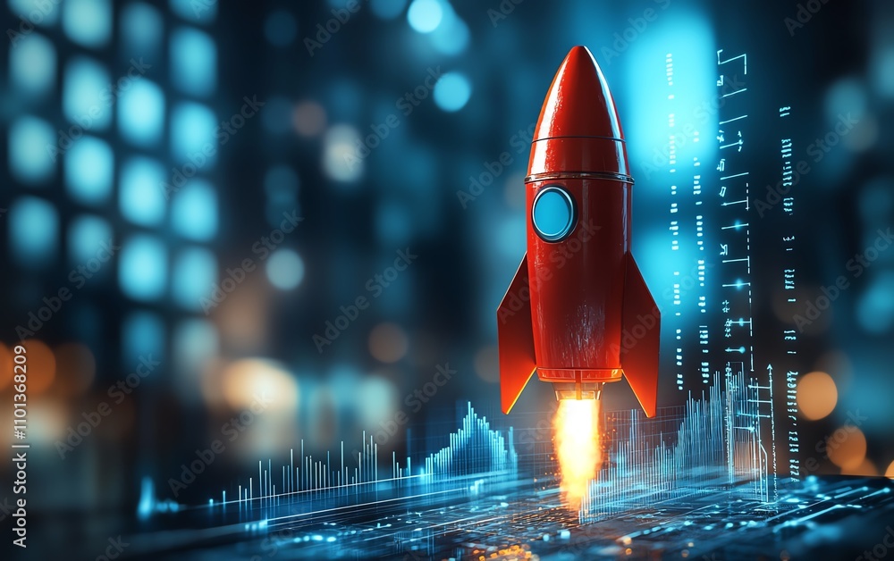 Poster rocket ship in red blasting off with graph lines and blurred office background, representing the con