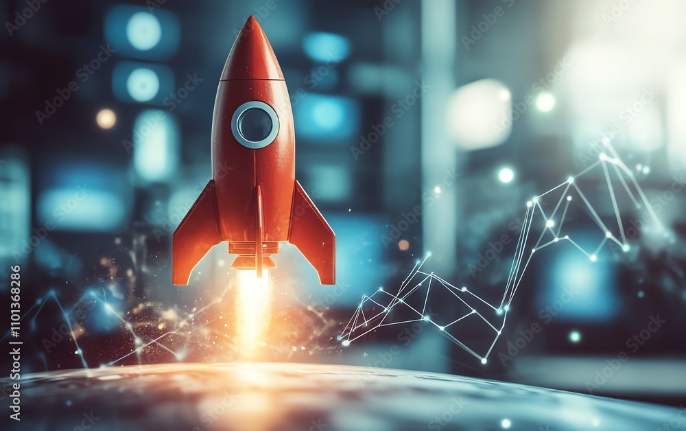 Aufkleber rocket ship in red launching with graph lines on a blurred office background, symbolizing business i